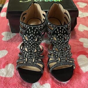 Forever Link - Black Strappy Rhinestone HeelsStylish Kitten Heels